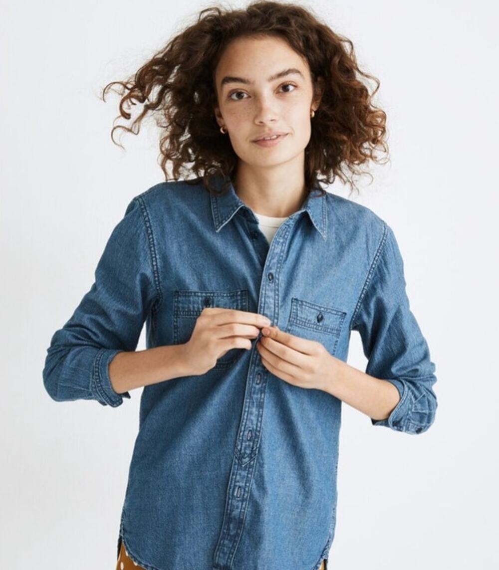 Croft & Barrow Womens Small Denim Button Up Shirt Pockets Roll Tab Sleeve Top
